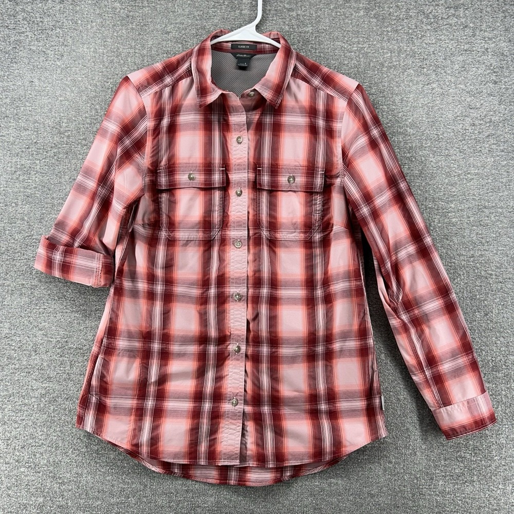 Eddie Bauer Classic Fit Roll Tab Shirt Women Size Small Red Pink Plaid Outdoor